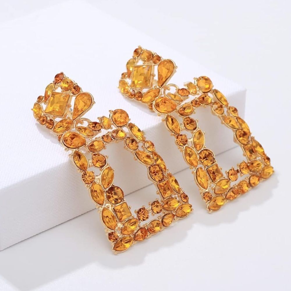 Yellow Gold with Orange Citrine Crystal Geometric Rectangle Post Back Earrings - Picture 2 of 6